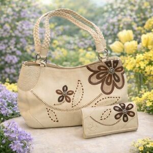 BRIGHTON rare HOBO  & CROSSBODY Wallet  SET in cream with brown flower appliqués